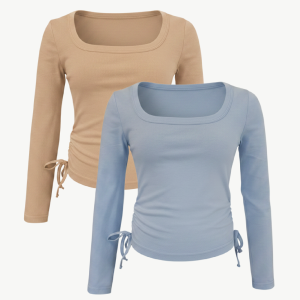Girls (7-12y) Long Sleeve Square Neck Tee with Ruching & Ties