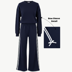 Girls (7-12y) Crewneck Pullover & Wide Leg Jogger Set with tape detail and bows