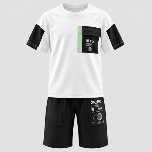 Boys white and black fashion T-shirt with chest pocket and black zip pocket shorts set