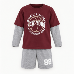 Boys Burgundy Basketball Twofer & Grey Fleece Shorts Set