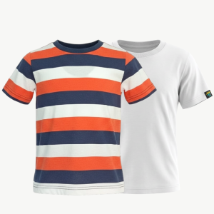 Boys navy orange and white striped T-shirt with plain white T-shirt two-pack set