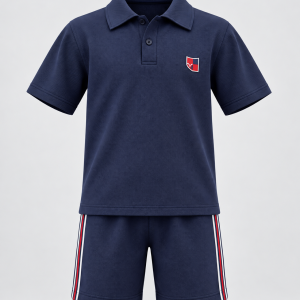 Boys navy pique golfer shirt and matching navy shorts set with contrast side stripes