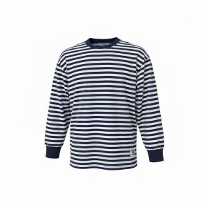 Boys navy and white striped 100% cotton long-sleeve crewneck T-shirt