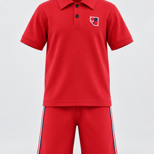 Boys red pique golfer shirt and matching red shorts set with contrast side stripes