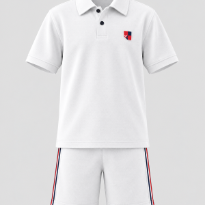 Boys white pique golfer shirt and matching white shorts set with contrast side stripes