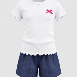 Girls white ribbed tee with pink bow and navy denim shorts set