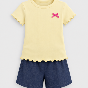 Girls Bow Rib Tee & Denim Shorts Set