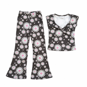 Girls black daisy-print top with white and pink flowers and matching flare pants