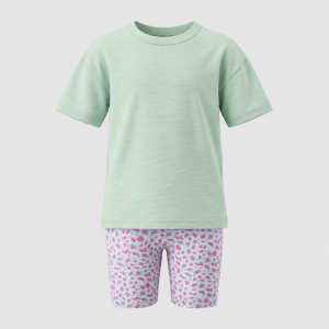 Girls mint short-sleeve T-shirt with pink and mint animal print cycle shorts set