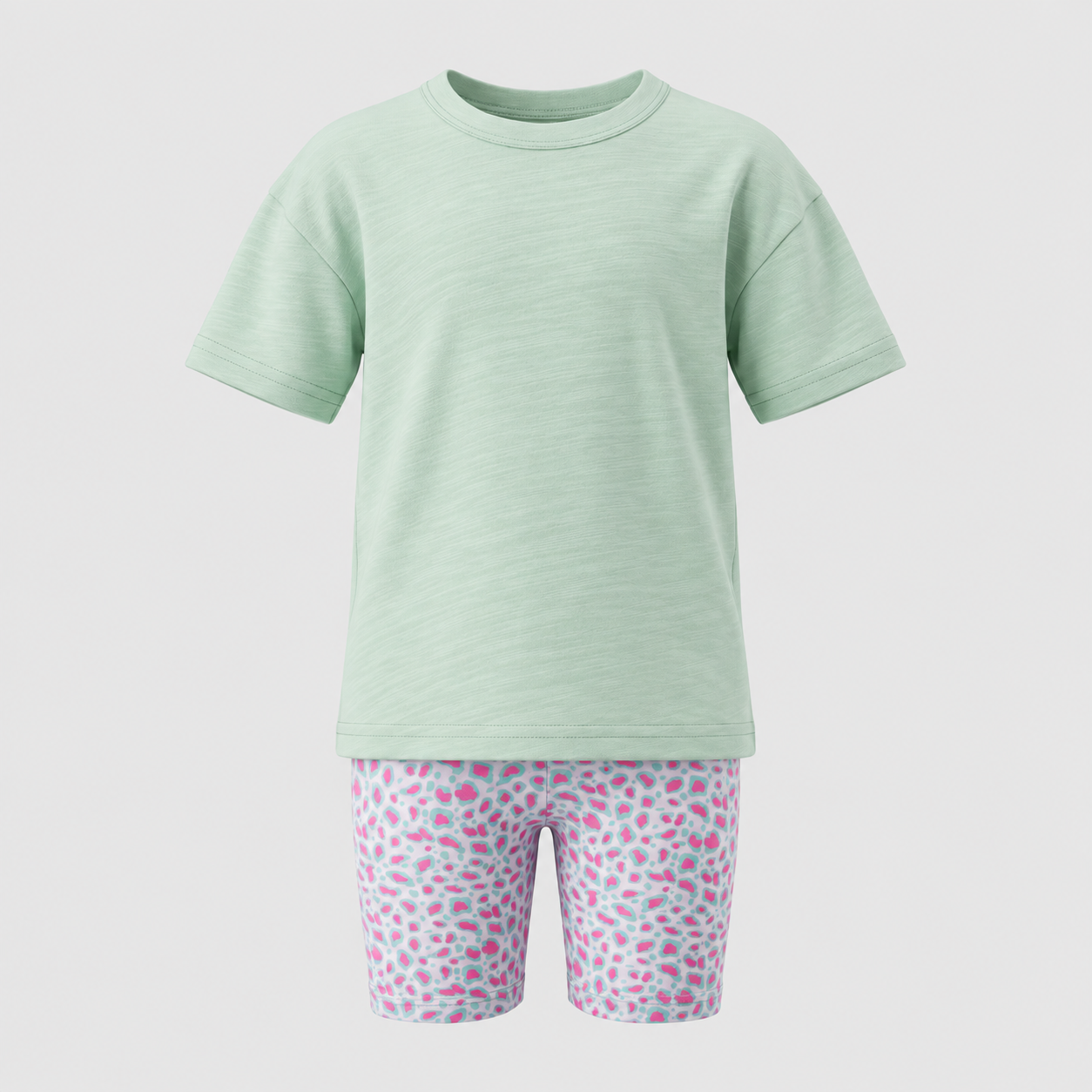 Girls mint short-sleeve T-shirt with pink and mint animal print cycle shorts set
