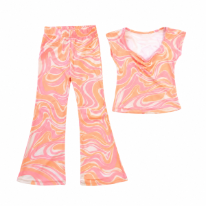 Girls peach pink and cream swirl-print top with matching flare pants