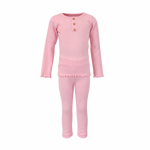 Girls solid pale pink ribbed long-sleeve button-detail top and matching long pants set