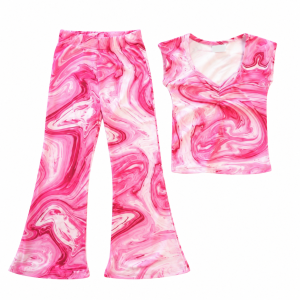 Girls pink marble-print short-sleeve top with matching flare pants
