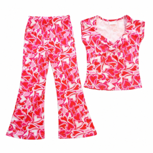 Girls pink red and white heart-print top with matching flare pants