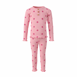 Girls pale pink floral ribbed long-sleeve button-detail top and matching long pants set