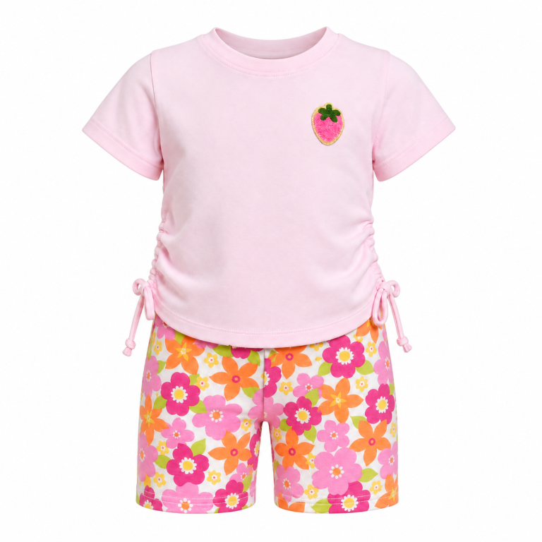 Girls Pink Strawberry Ruched Tee & Floral Cycle Short Set