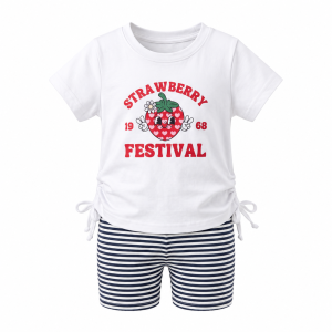 Girls white strawberry graphic ruched T-shirt with navy and white striped cycle shorts