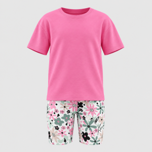 Girls pink short-sleeve T-shirt with colourful floral print cycle shorts set