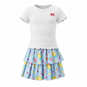 Girls white bow ruched T-shirt with blue floral ra-ra skirt set