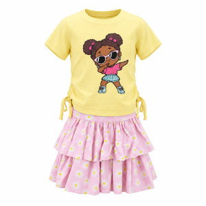 Girls yellow graphic ruched T-shirt with pink floral ra-ra skirt set