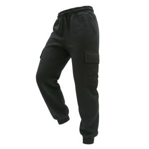Boys black cotton cargo track pants with flap pockets and ribbed ankle cuffs