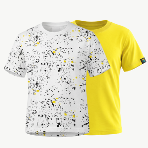 Boys yellow plain T-shirt and white black-and-yellow splatter-print two-pack set